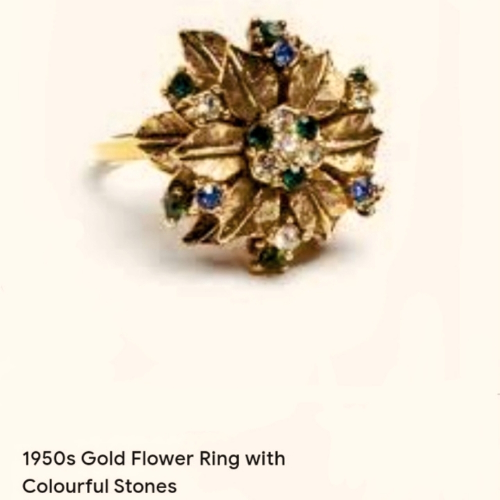 Vintage gold flower ring with multi-colored stones